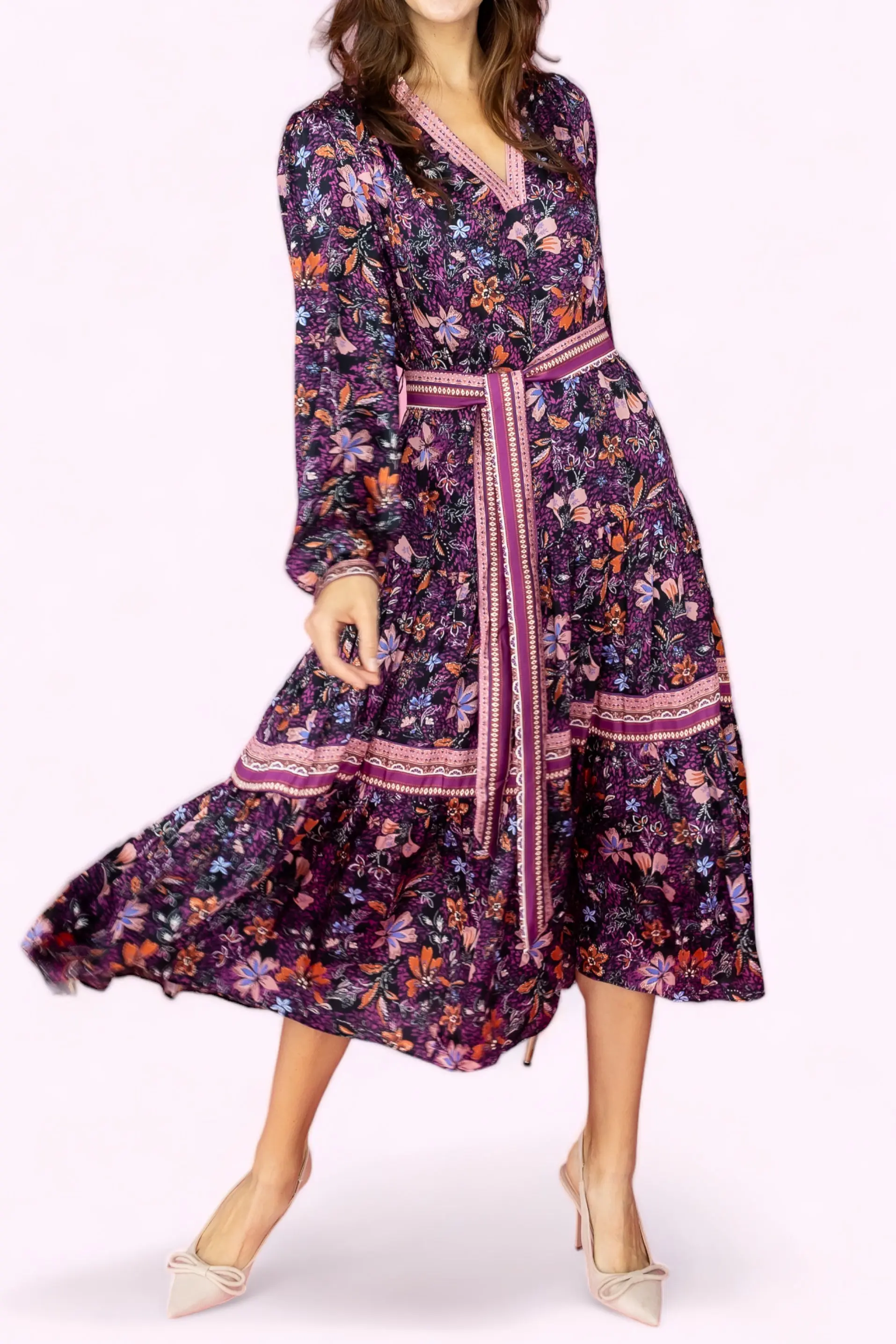Live in the moment Floral Long Dress With Waist Belt - ALJEGJ
