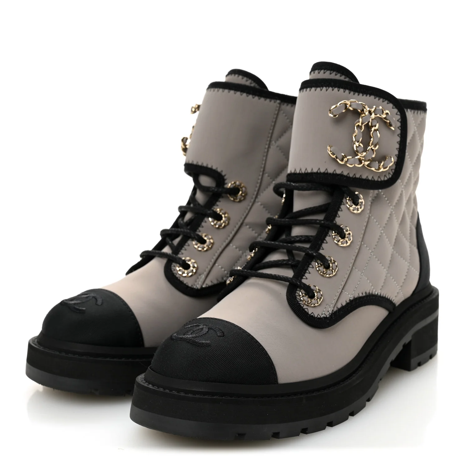 Fabric Grosgrain Quilted Cap Toe Lace Up Combat Boots 36 Gray - Top Club