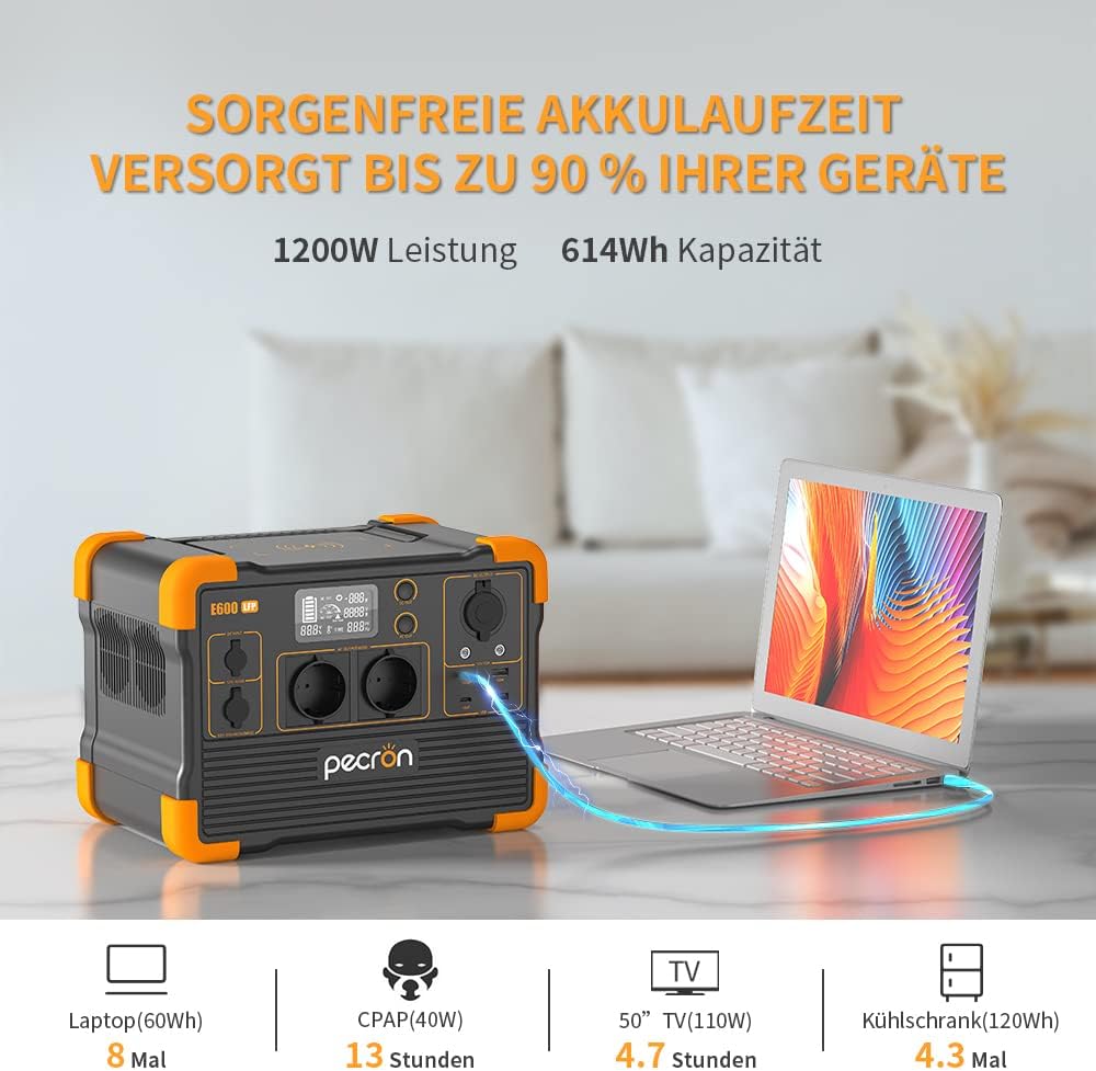 pecron Generatore solare portatile E600LFP, 614 Wh LiFeP04 batteria 1200 W CA uscite generatore di corrente per viaggio/campeggio/attività all'aperto/emergency (E600LFPEU)