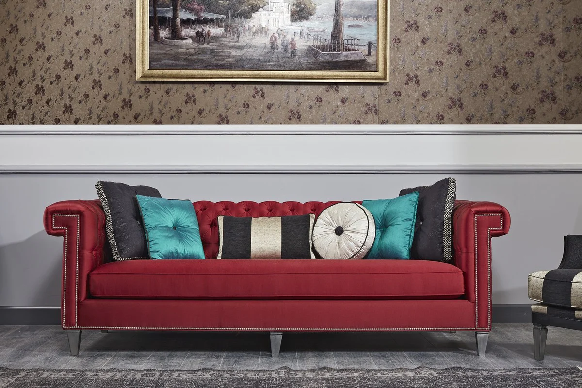 Luxury Baroque Living Room Set Red / Black / Gold / Silver - 2 Sofas & 2 Armchairs & 1 Coffee Table & 1 Side Table - Baroque Living Room Furniture