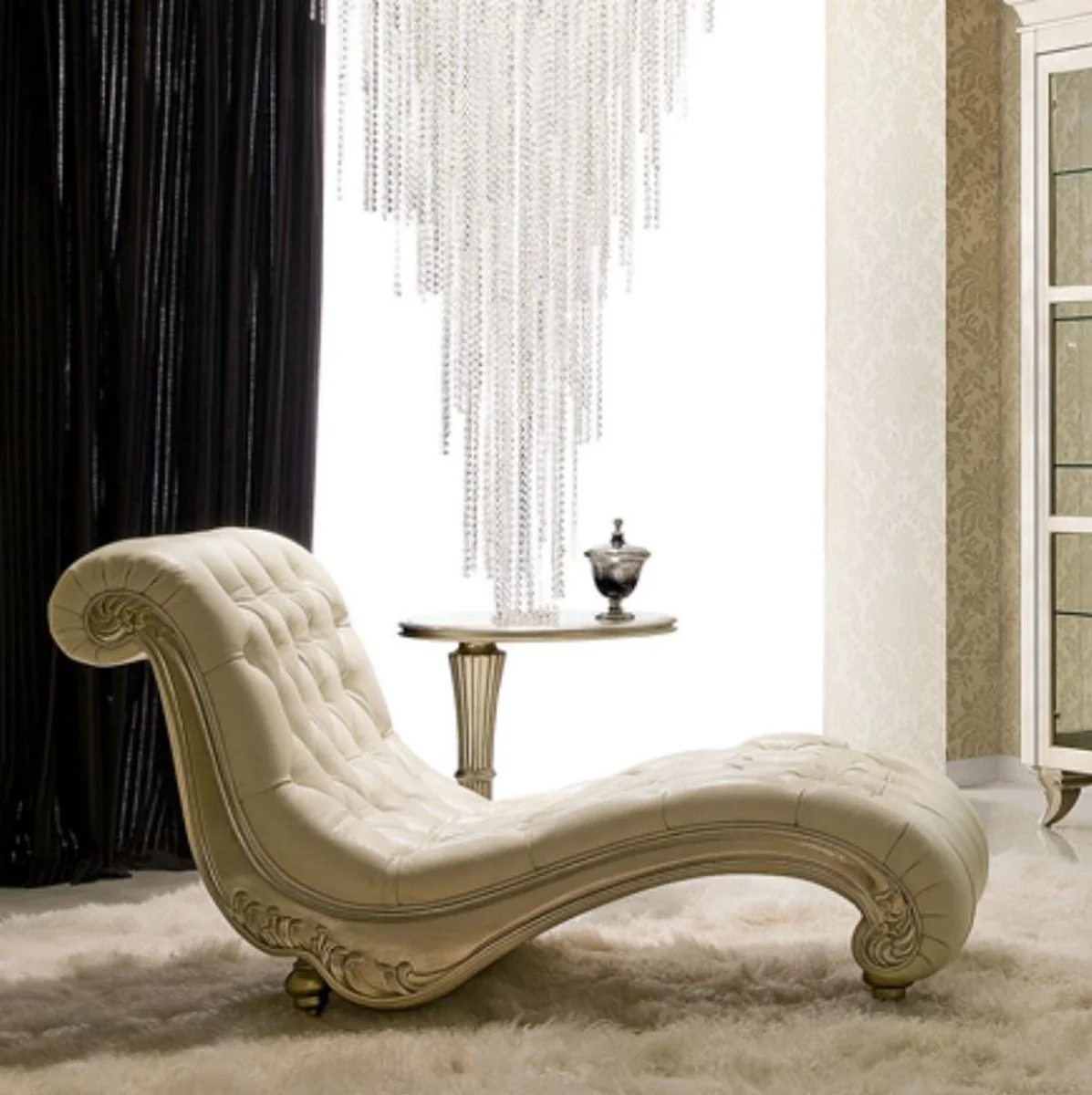 Luxury Art Deco lounge chair beige / silver 156 x 70 x H. 88 cm - Noble solid wood chaise longue with velor fabric - Art Deco living room furniture