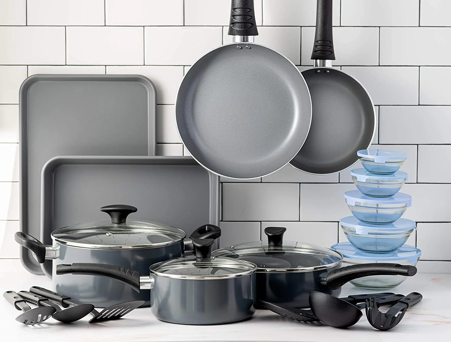 21 piece cooking, baking and storage set, kitchen utensils for the first or new apartment, assorted non-stick cookware, 9 hassle-free nylon cooking utensils, 5 glass storage bowls with lids, BPA and PFOA free