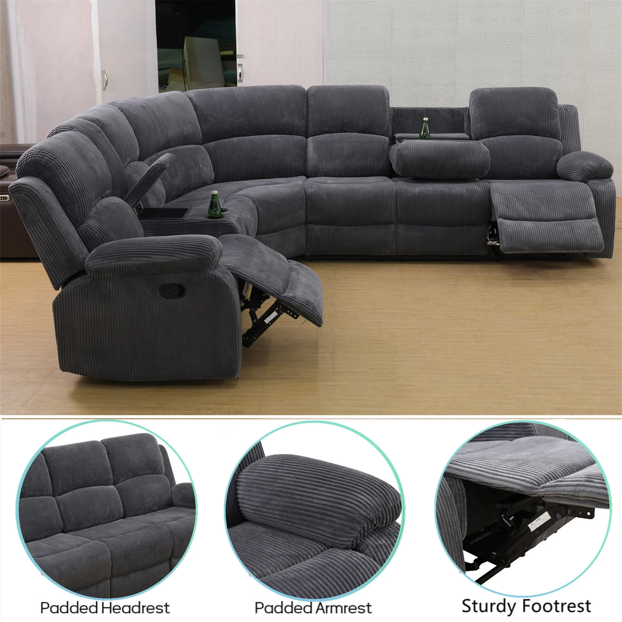 Aukfa 3 - Piece Recliner Sofa Set, 6 Seat Sectional Couch with Cup Holders&Storage Console, Gray