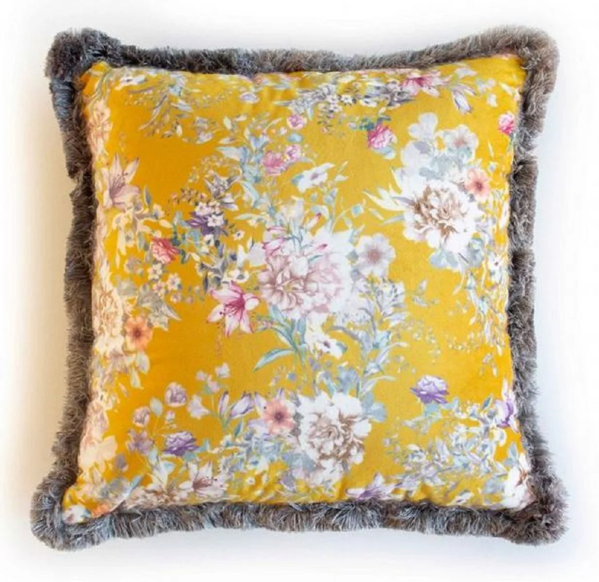 Luxury decorative cushion flowers design yellow / multicolored / gray 45 x 45 cm - printed velvet cushion with fringes - decorative accessories
