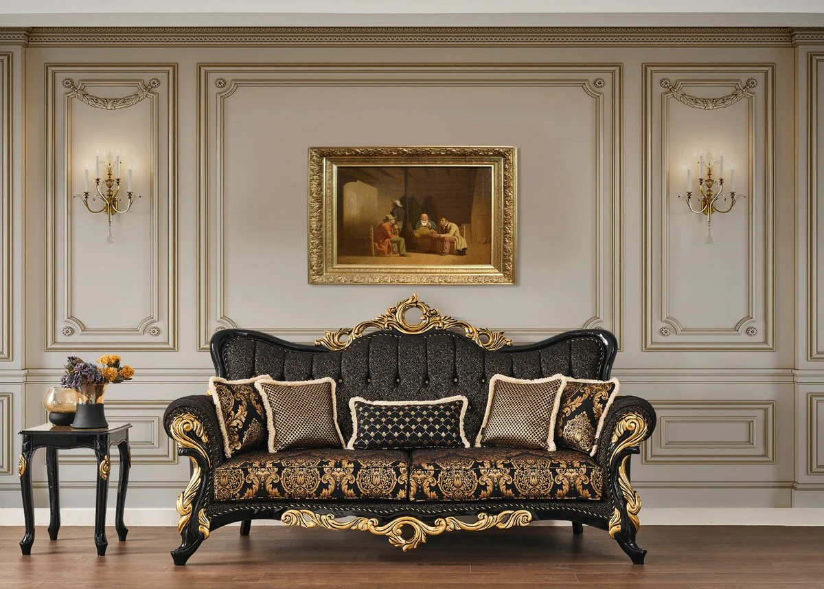 Luxury baroque side table brown / black / gold 46 x 44 x H. 60 cm - magnificent solid wood table with table top in marble look - baroque living room furniture