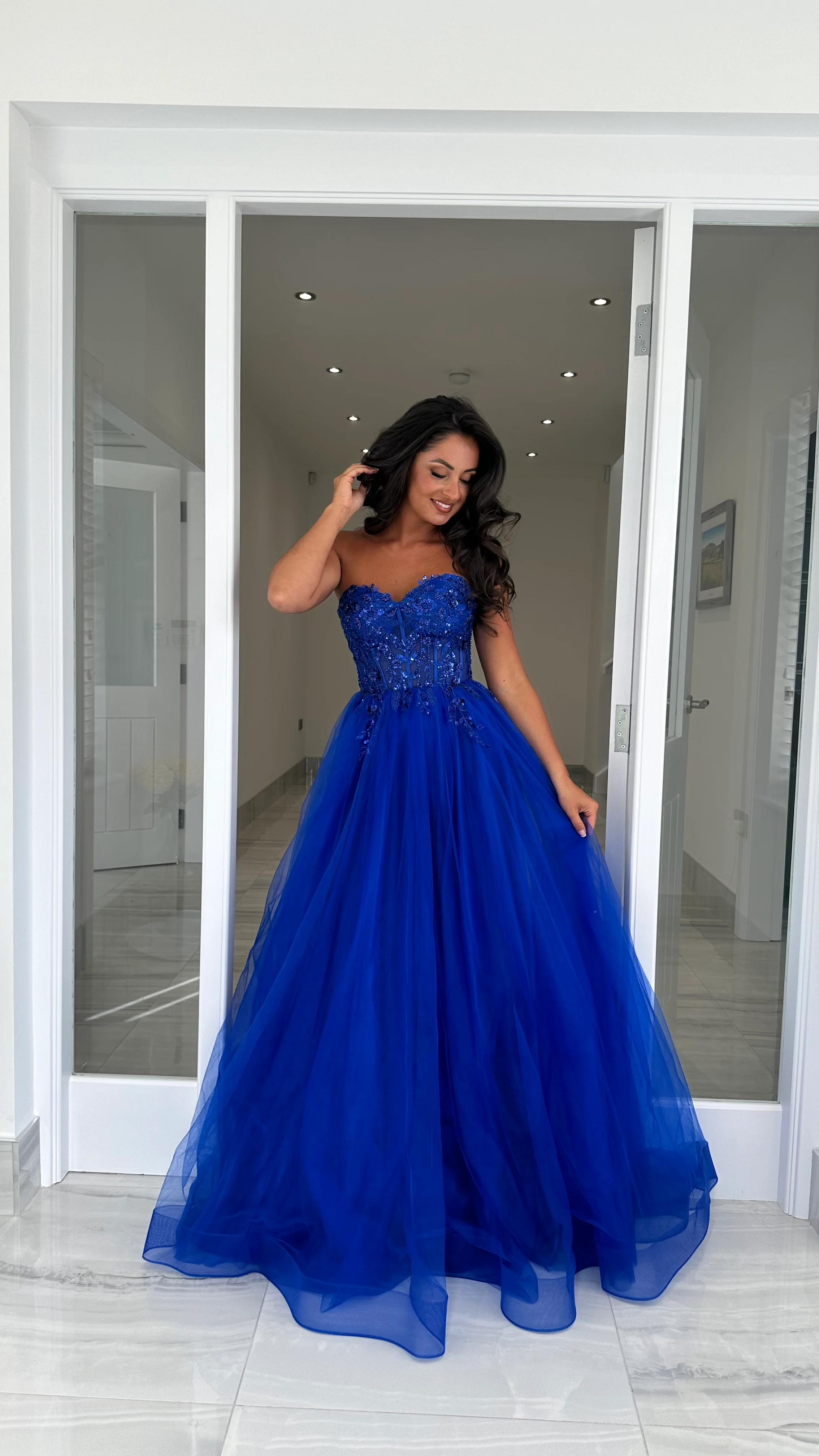 Royal Blue Mesh Corset Strapless Ball Gown
