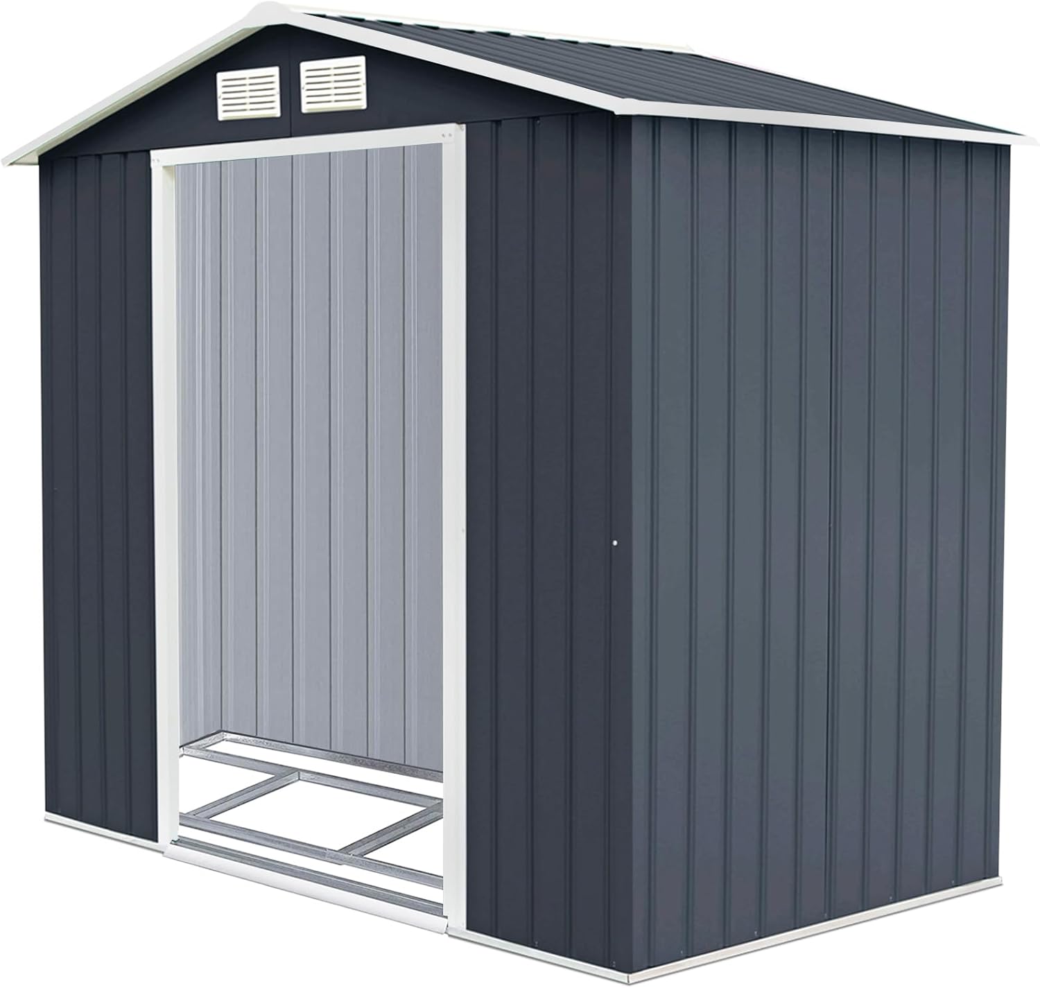 COSTWAY Casetta da Giardino 2,37㎡, Capanno da Esterno in Lamiera Zincata Resistente alle Intemperie con Base, Porte Scorrevoli, Maniglie, Sfoghi e Tettoia, 213 x 127 x 185 cm (Grigio Scuro)