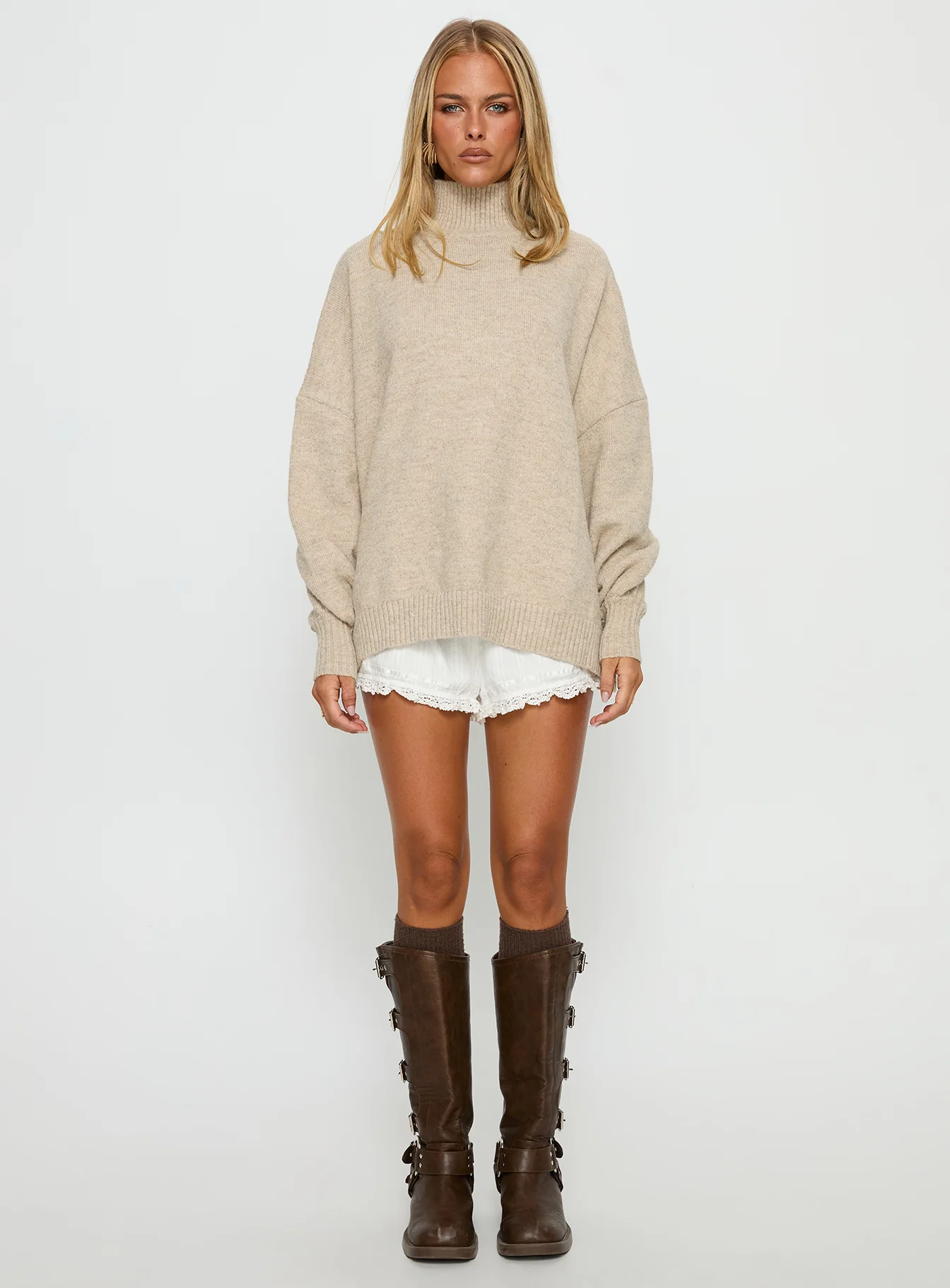 Patrizia Funnel Neck Knit Sweater Beige