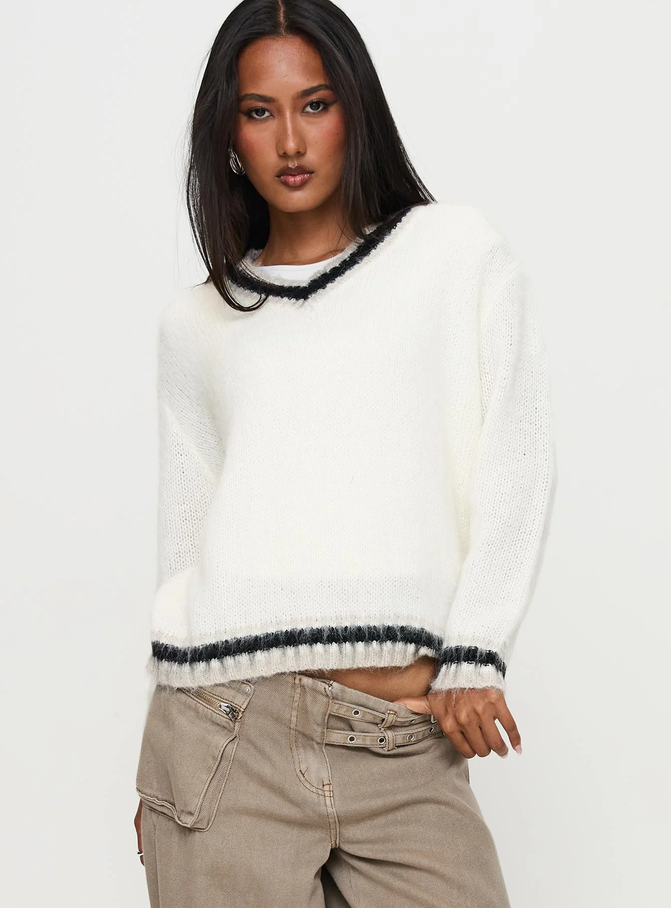 Federation V Neck Knit Sweater White