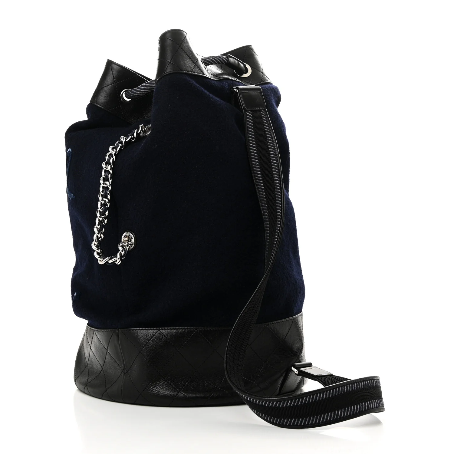 Wool Calfskin Embroidered Paris Hamburg Drawstring Backpack Navy Blue - Top Club