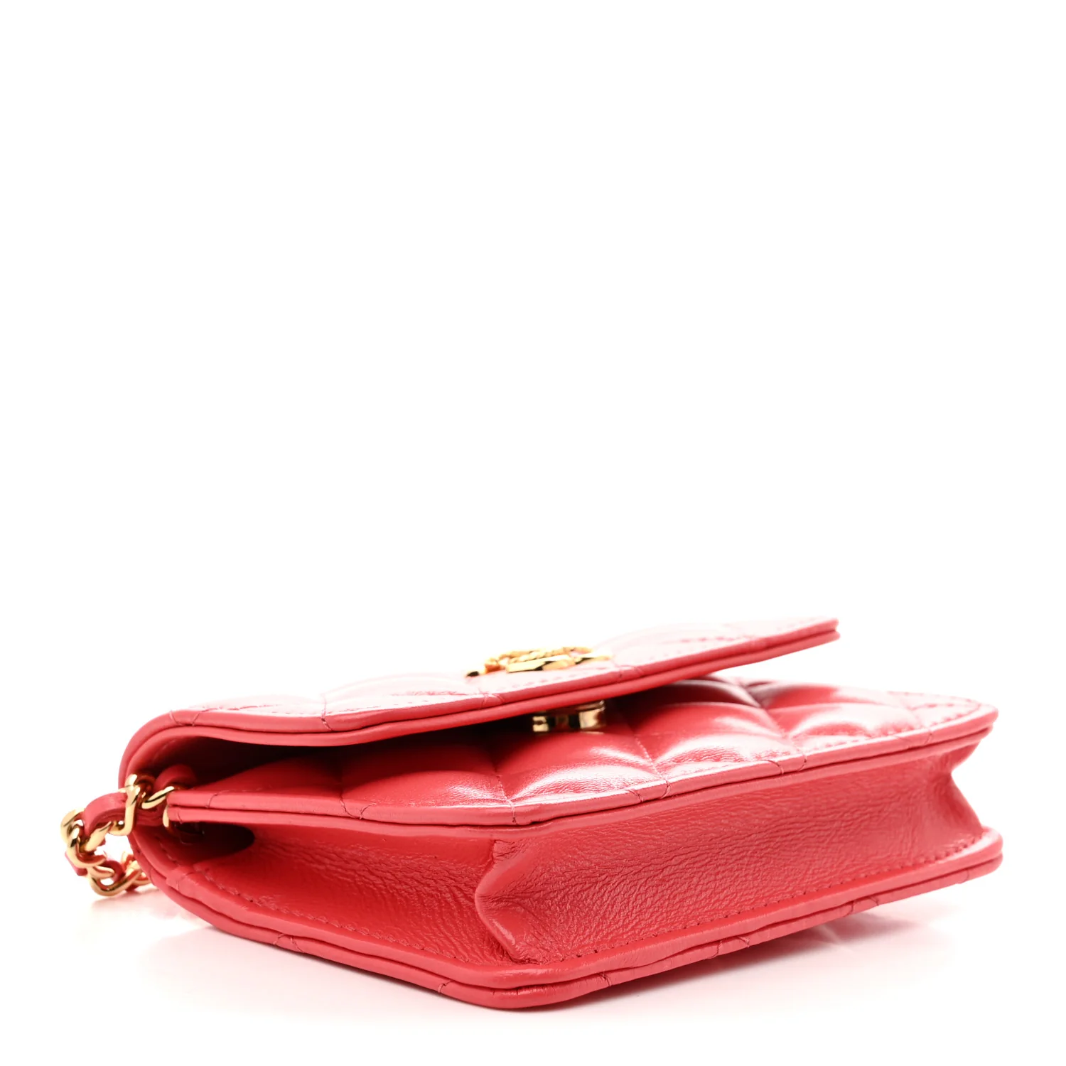 Shiny Lambskin Quilted Card Holder On Chain Pink - Top Club