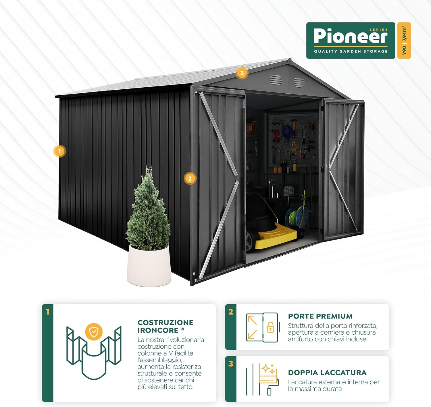 Pioneer Y90 - Casetta da giardino a colonna a V, 7,94 m², porta rinforzata, serratura, tetto robusto, capanno in metallo 262 x 303 x 213 cm