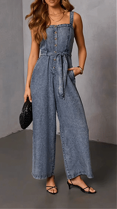 Women's Washed Blue Square-Neck Camisole Denim Waist-Tied Wide-Leg Jumpsuit - Nordfashionstorm - Women's Clothing, Fashion for You - Nordfashionstorm.com
