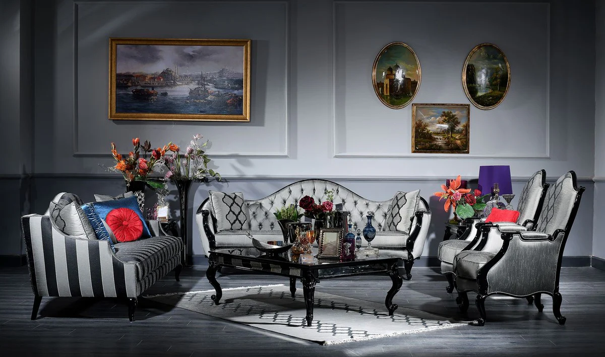 Luxury Baroque Living Room Set Silver / Black - 2 Sofas & 2 Armchairs & 1 Coffee Table & 2 Side Tables - Living Room Furniture in Baroque Style - Noble & Magnificent
