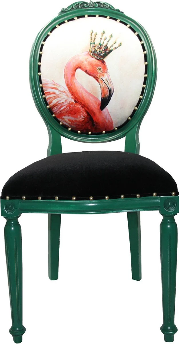 Luxury baroque dining room set flamingo with crown green / black / multicolored 48 x 50 x H. 98 cm - 6 handmade dining chairs with bling bling rhinestones - baroque dining room furniture