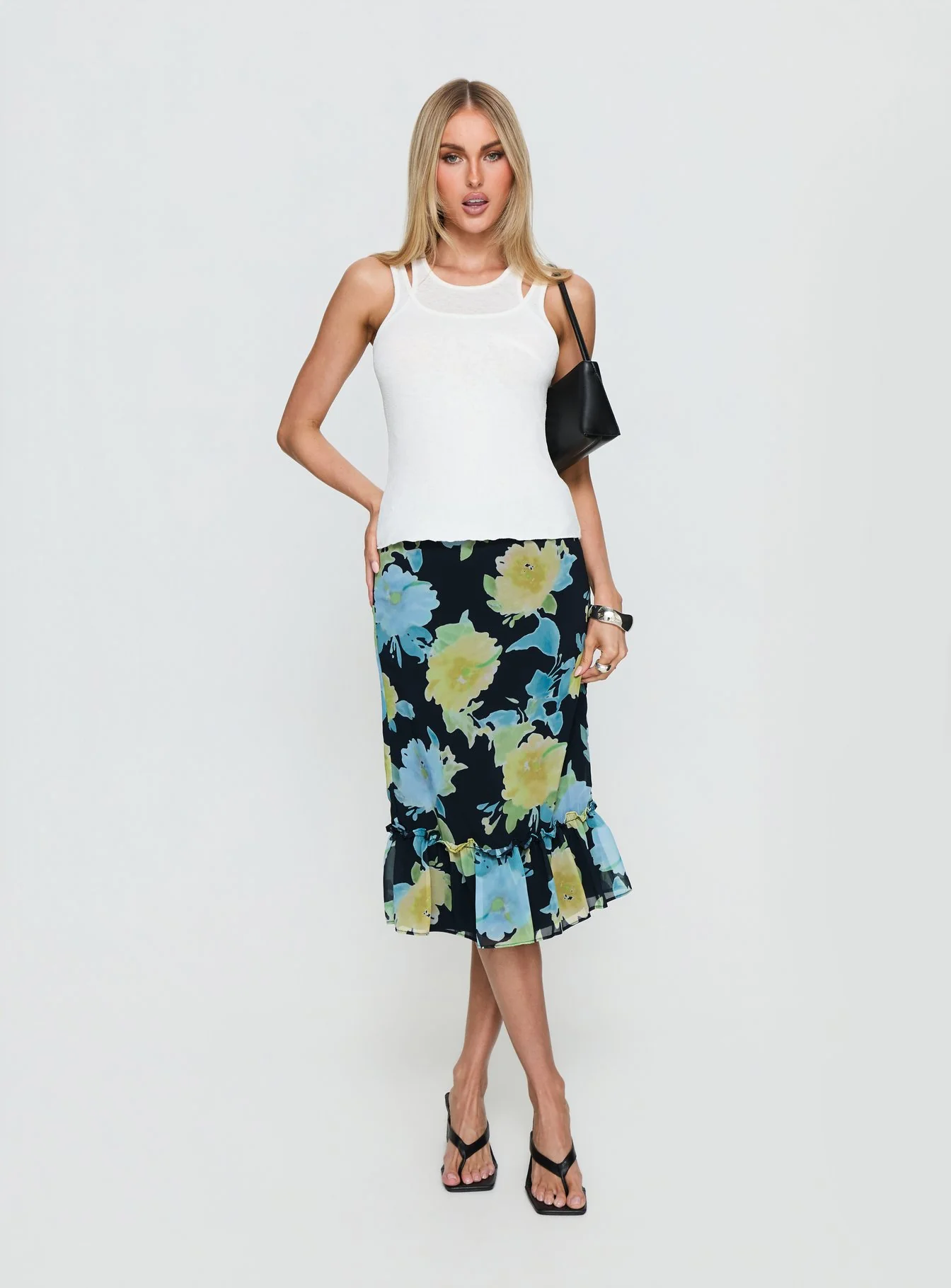 Tarla Midi Skirt Crystal Black Flower