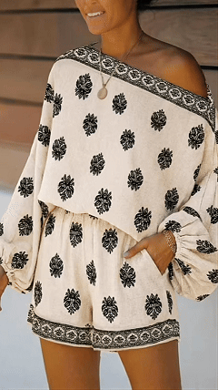 Women's Off-Shoulder Bardot Neckline Printed Jumpsuit with Lantern Sleeves - Nordfashionstorm - Women's Clothing, Fashion for You - Nordfashionstorm.com