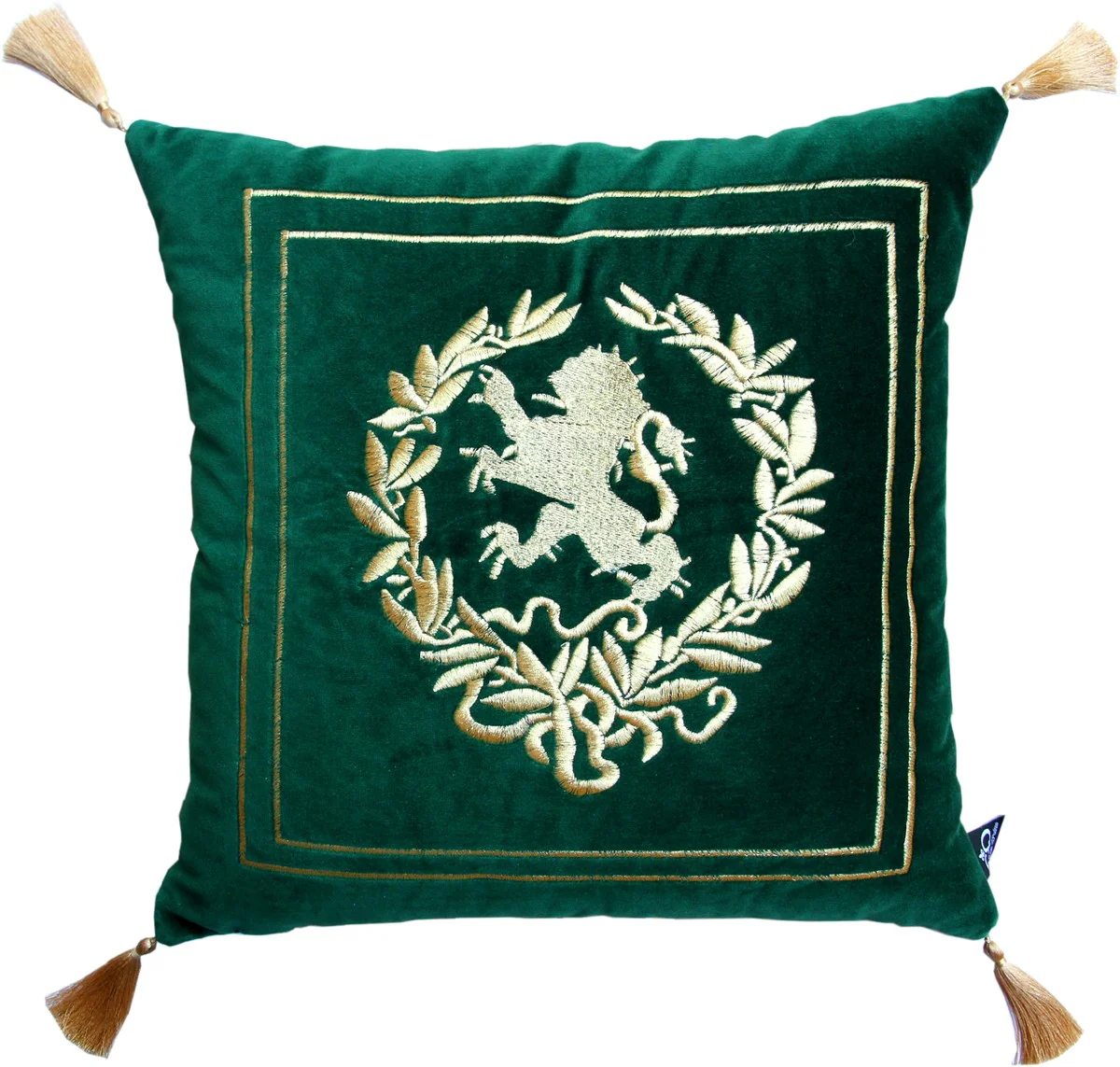 Luxury decorative cushion coat of arms dark green / gold with golden tassels 45 x 45 cm - finest velvet fabric - luxury home decoration