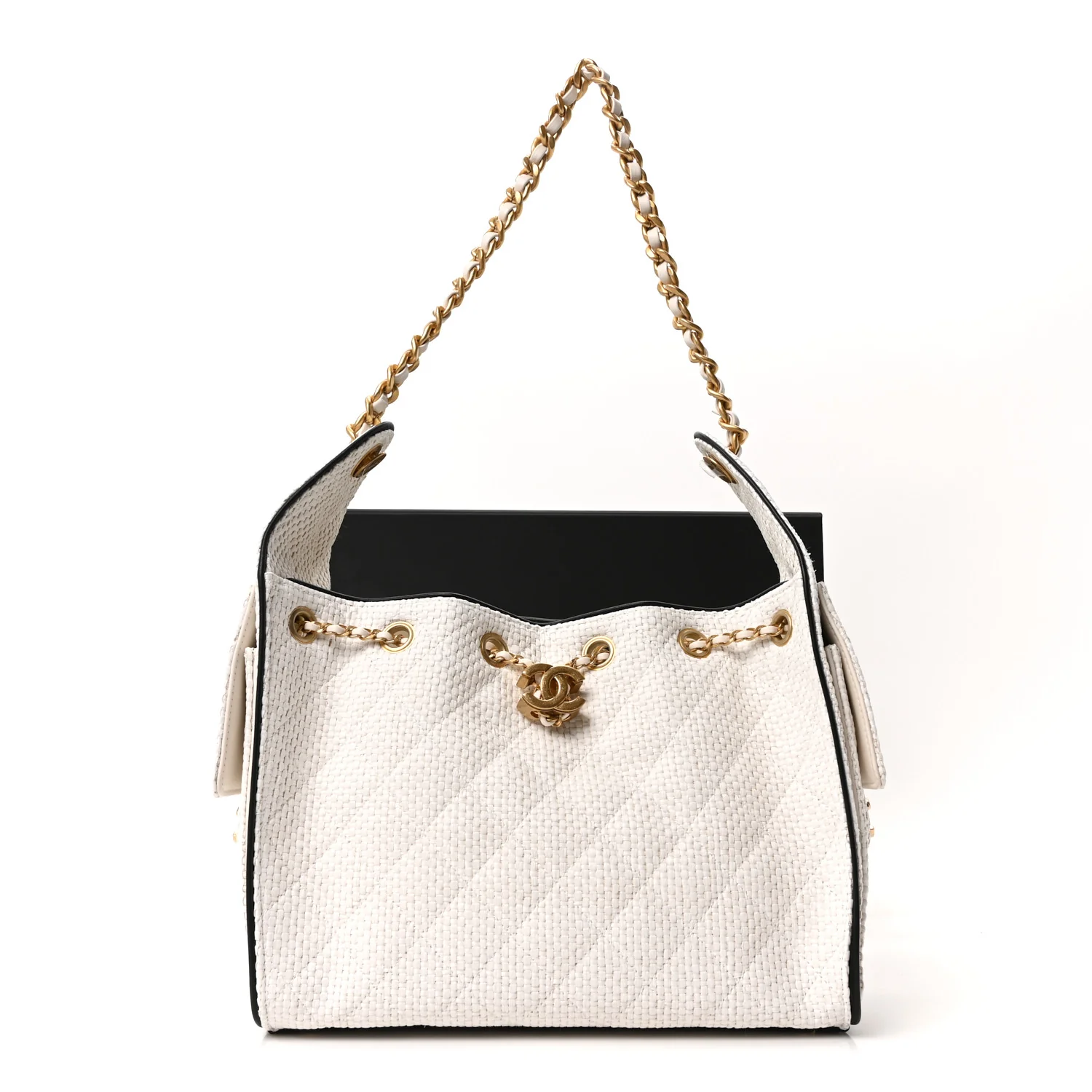 Braided Raffia Calfskin Quilted Small Chanel 25 Handbag White Black - Top Club