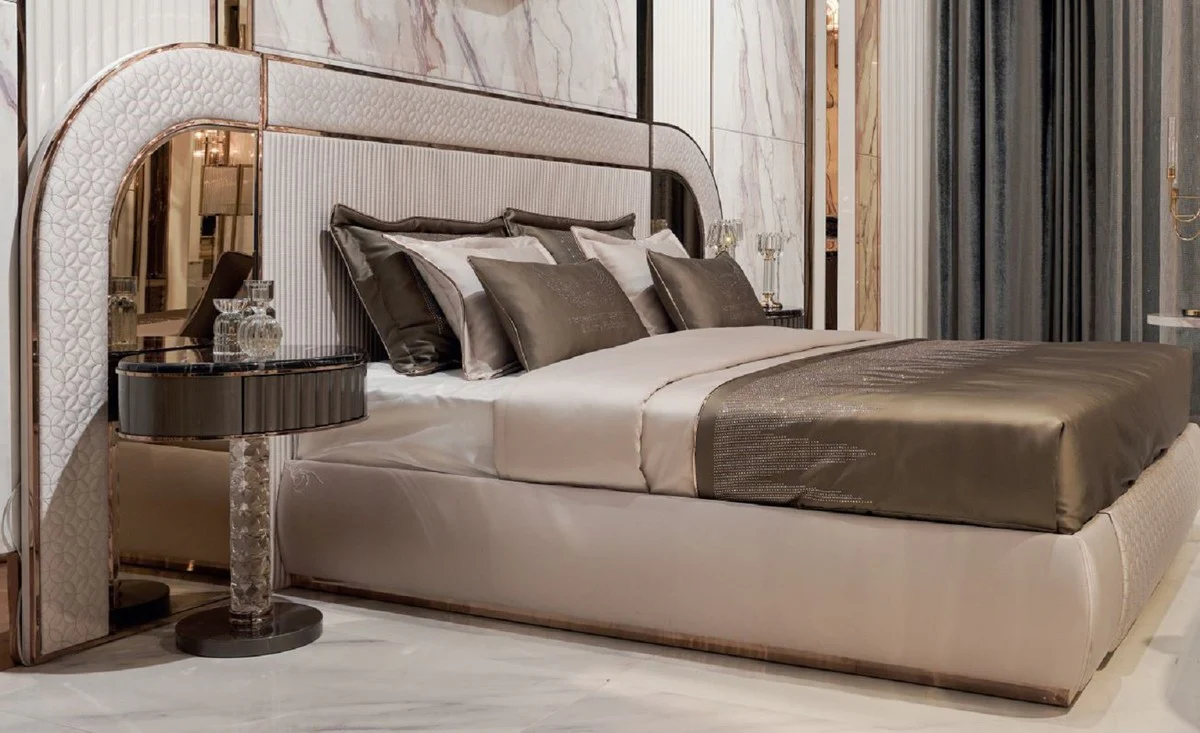 Luxury Art Deco double bed gray / copper 350 x 209.5 x H. 140 cm - Elegant solid wood bed with mirrored headboard - Luxury bedroom furniture - Hotel furniture - Art Deco furniture