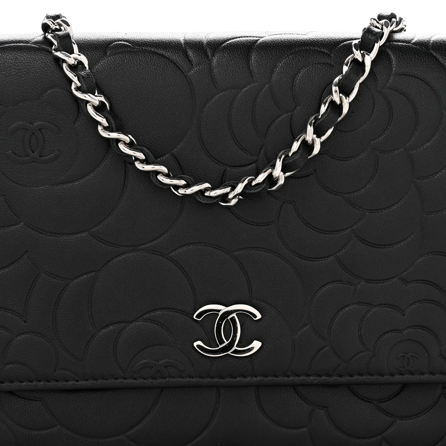 Lambskin Camellia Embossed Wallet On Chain WOC Black - Top Club