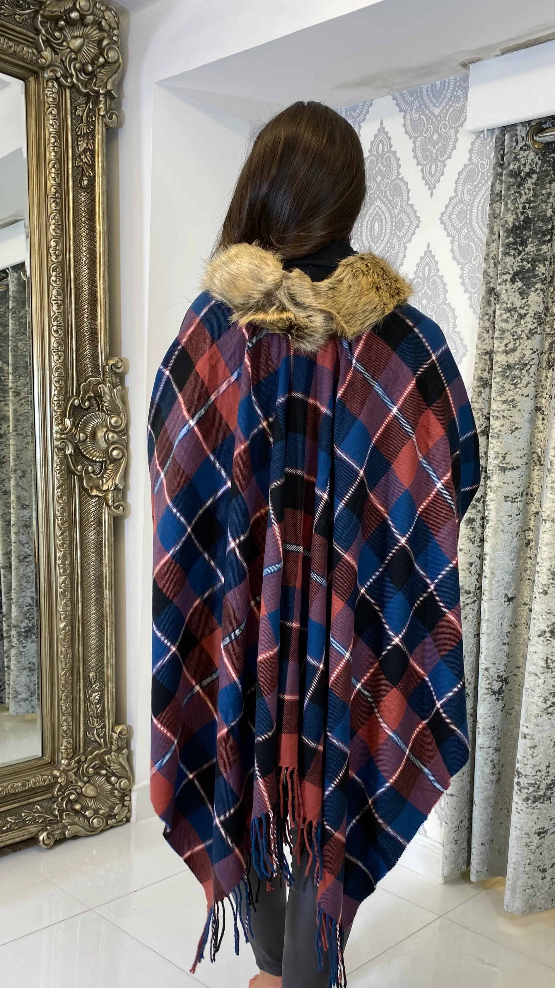 Burgundy/Blue Tartan Faux Fur Wrap