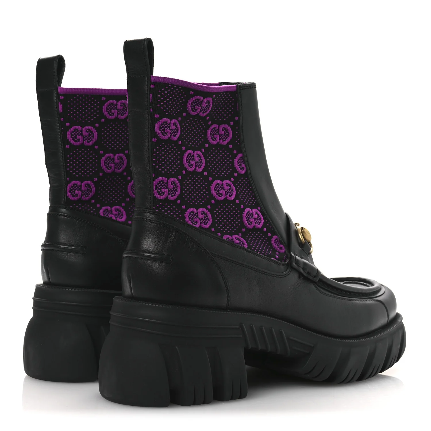 Quebec Calfskin Technical Jersey Knit GG Monogram Horsebit Ankle Boots 42 Black Fucsia - Top Club