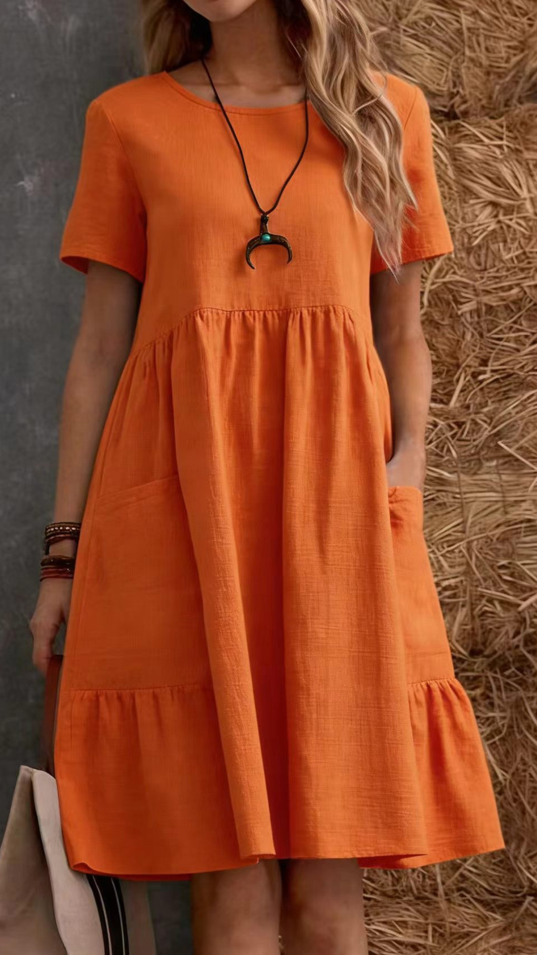 Women's Cotton-Linen Round Neck Ruffle Hem Dress - Nordfashionstorm - Women's Clothing, Fashion for You - Nordfashionstorm.com