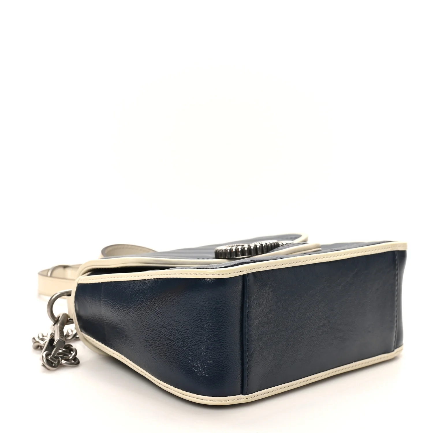 Vintage Effect Calfskin Matelasse Diagonal Mini Torchon GG Marmont Top Handle Shoulder Bag Blue Agata Mystic White - Top Club
