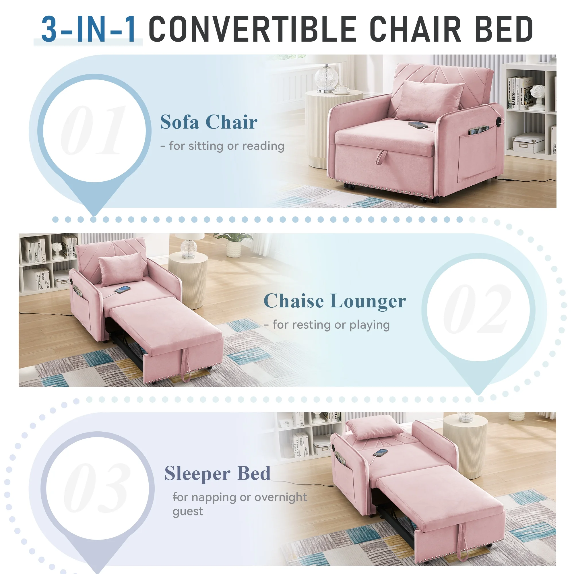 Lunale 3 - in - 1 Convertible Sleeper Chair Bed, Indoor Lounge Chair with USB/Type - C Charging Ports, Modern Recliner Sofa for Living Room, Gray Velvet