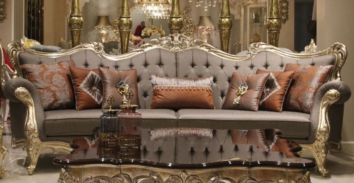 Luxury Baroque Living Room Set Gray / Dark Brown / Gold - 2 Sofas & 2 Armchairs & 1 Coffee Table & 2 Side Tables - Living Room Furniture in Baroque Style - Noble & Magnificent