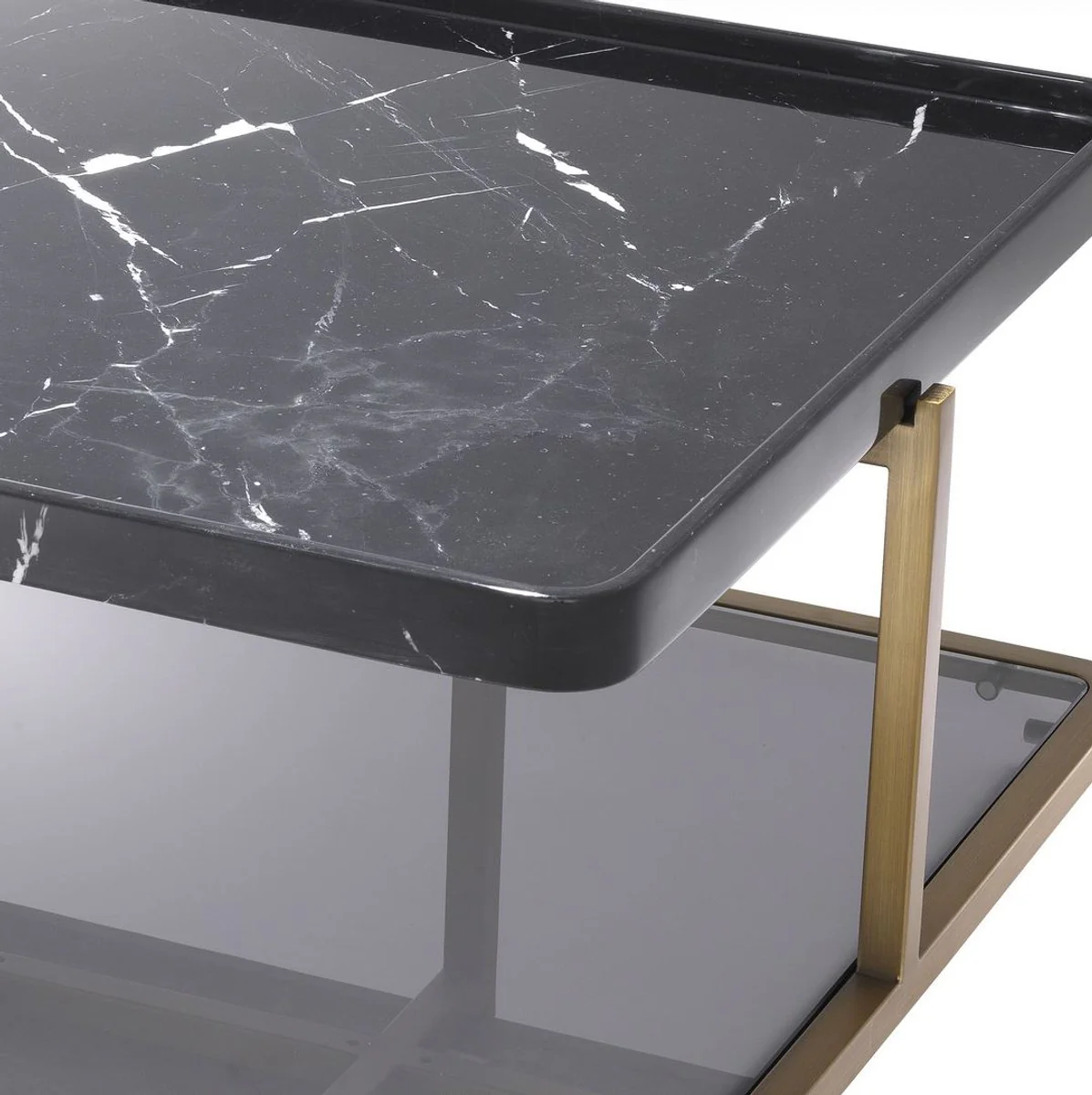 Luxury coffee table brass / black / gray 58 x 58 x H. 27.5 cm - Modern stainless steel living room table with marble top and tinted glass top - Luxury furniture