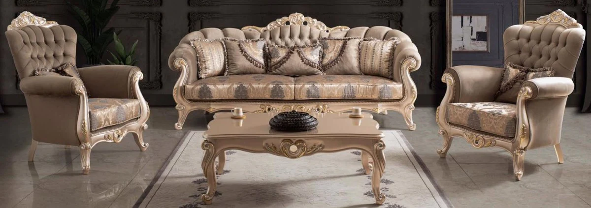 Luxury baroque living room set taupe / bronze / gold - 2 sofas & 2 armchairs & 1 coffee table - living room furniture in baroque style - noble & magnificent