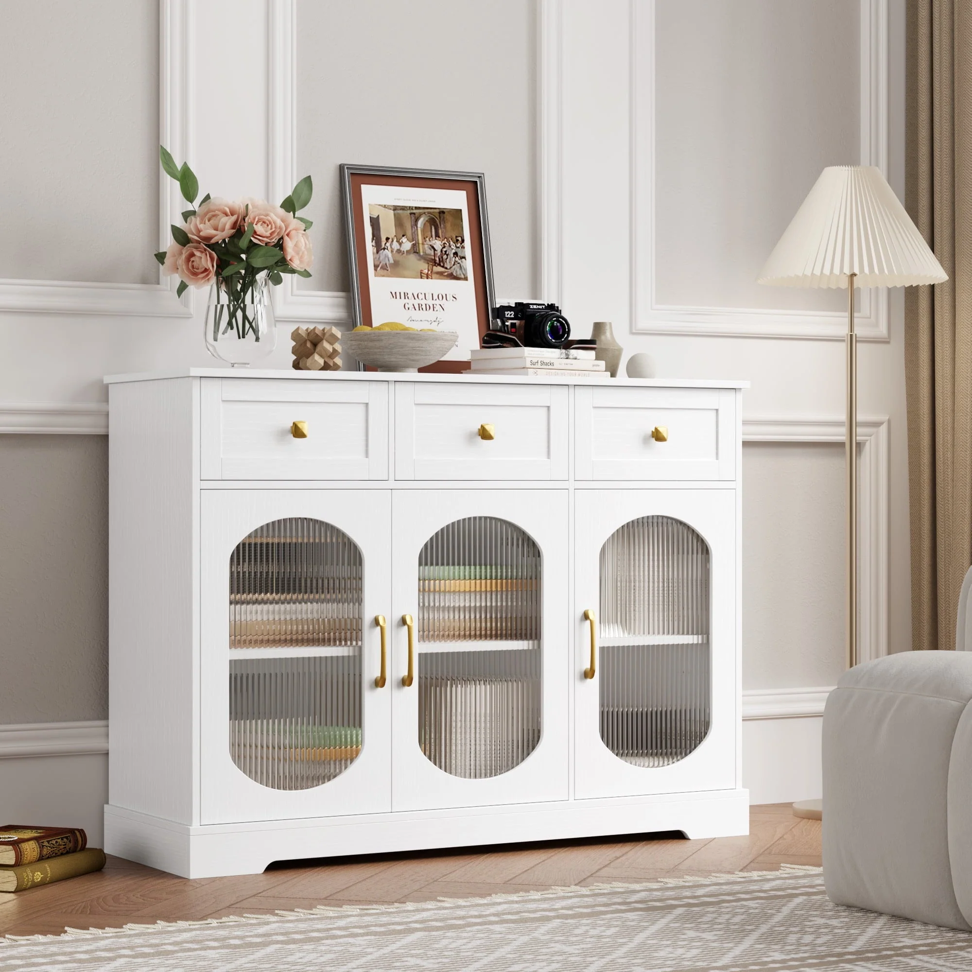 Homfa 3 Drawer Buffet Cabinet with 3 Curved Glass Doors, 47.2''W Kitchen Sideboard with Adjustable Shelf, White