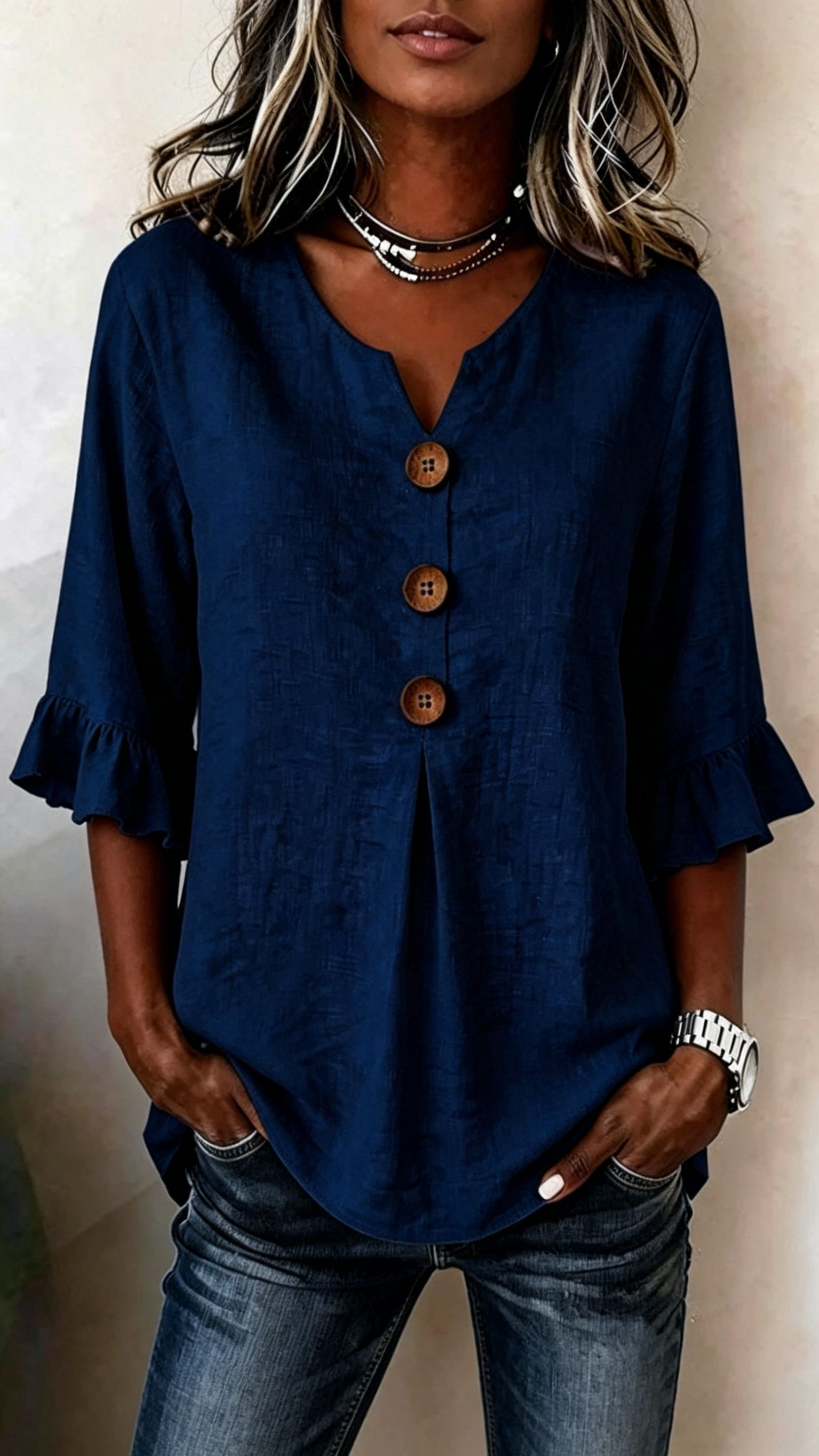 Women's V-Neck Cotton-Linen Button-Up Top - Nordfashionstorm - Women's Clothing, Fashion for You - Nordfashionstorm.com