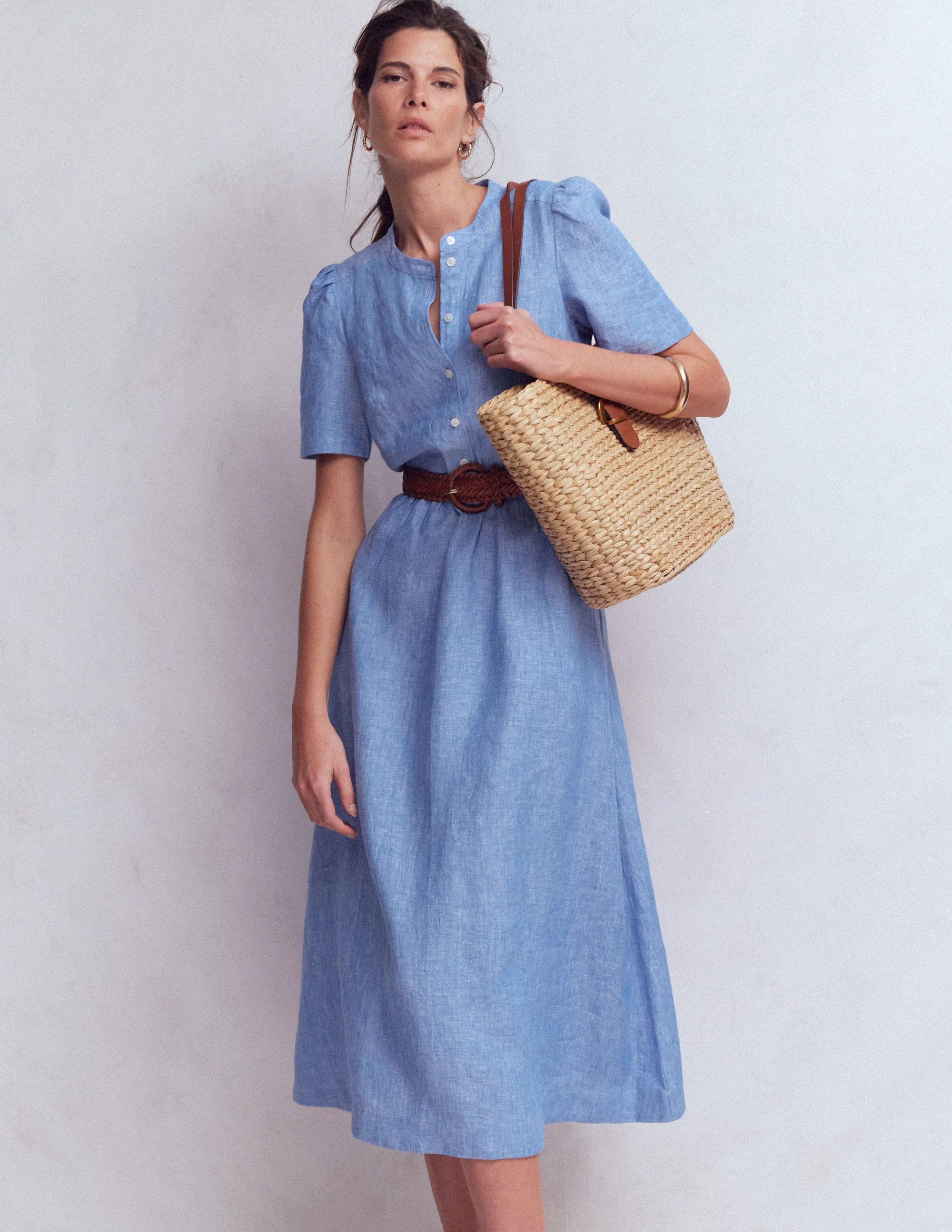 Ivy Midikleid aus Leinen-Sommerblau Chambray