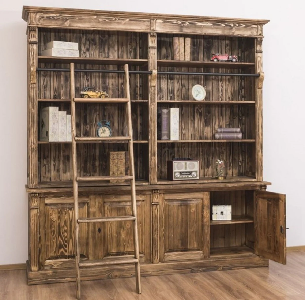 Country house style bookcase with ladder brown 223 x 51 x H. 228 cm - solid wood cupboard - living room cupboard - shelf cupboard - office cupboard - country house style furniture