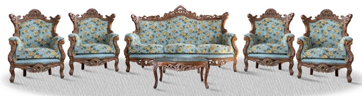Baroque sofa set of 3 sofas, 4 armchairs and table with glass top - antique sofa set