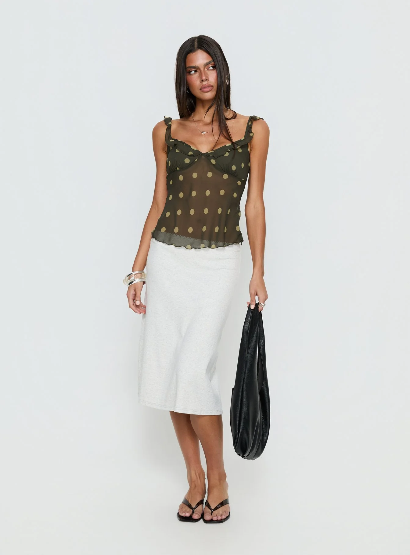 Zayliah Frill Detail Top Green Polka