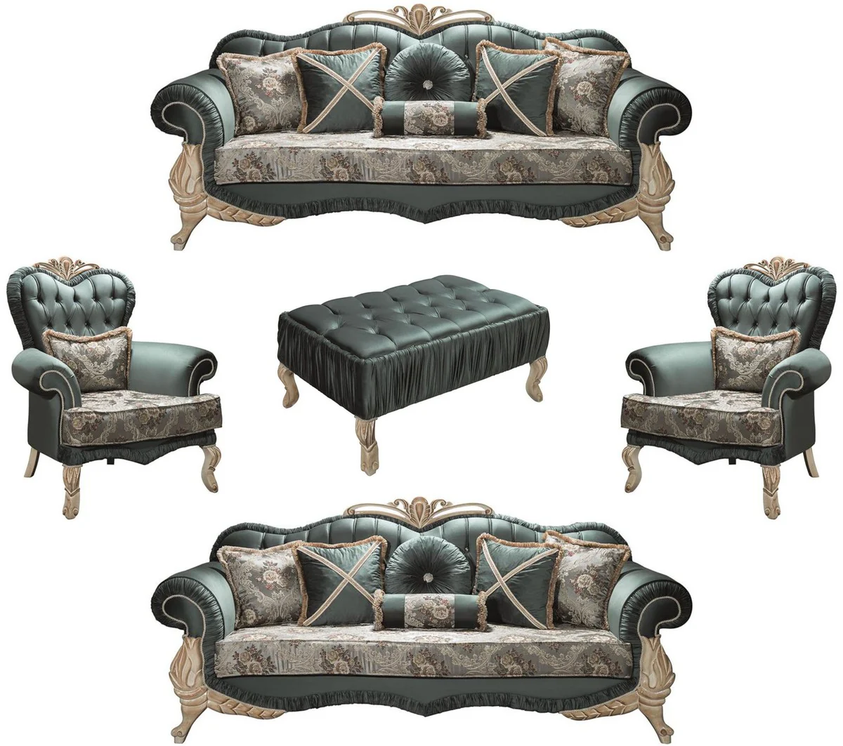 Luxury Baroque Living Room Set Green / Cream / Beige - 2 Sofas & 2 Armchairs & 1 Coffee Table - Living Room Furniture in Baroque Style - Noble & Magnificent