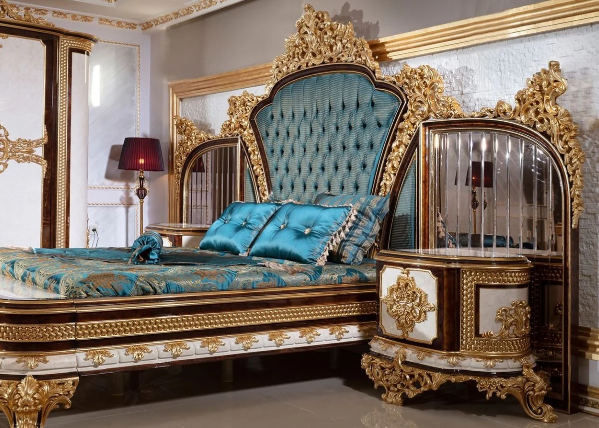 Luxury baroque bedroom set blue / white / brown / gold - 1 double bed with headboard & 2 bedside chests - bedroom furniture in baroque style - noble and magnificent