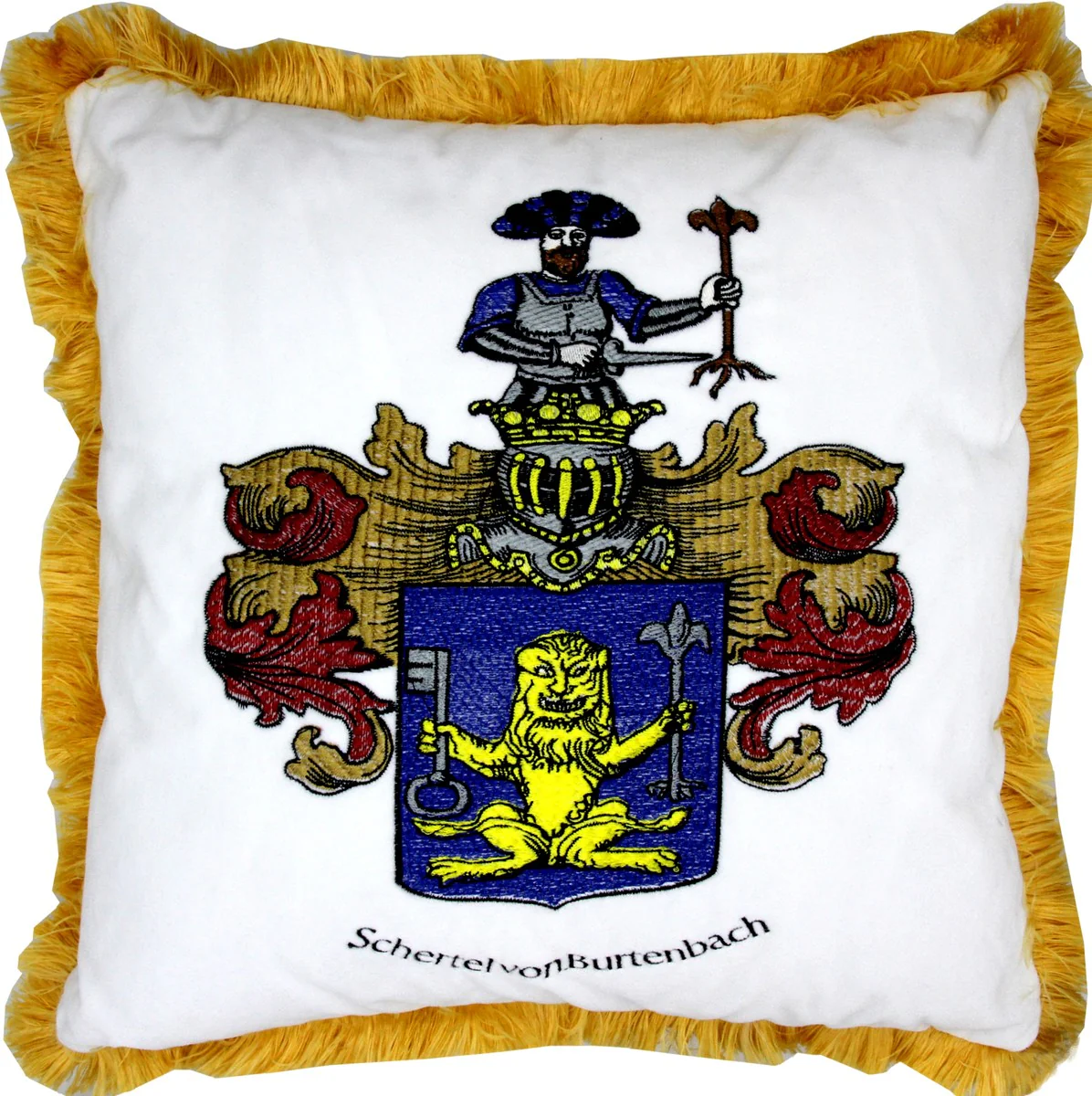 Luxury decorative cushion coat of arms Freiherr Schertel from Burtenbach white / gold