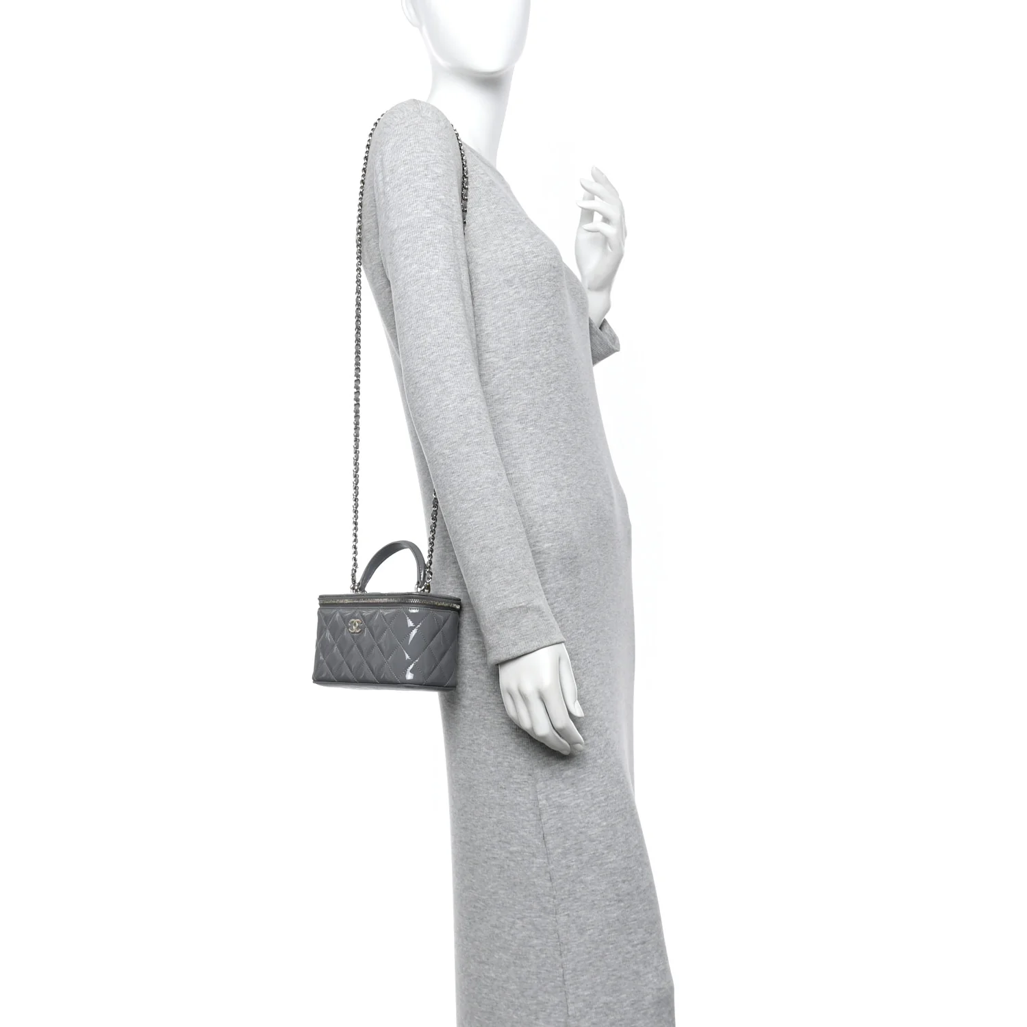 Patent Quilted Quilted Small Top Handle Vanity Case With Chain Grey