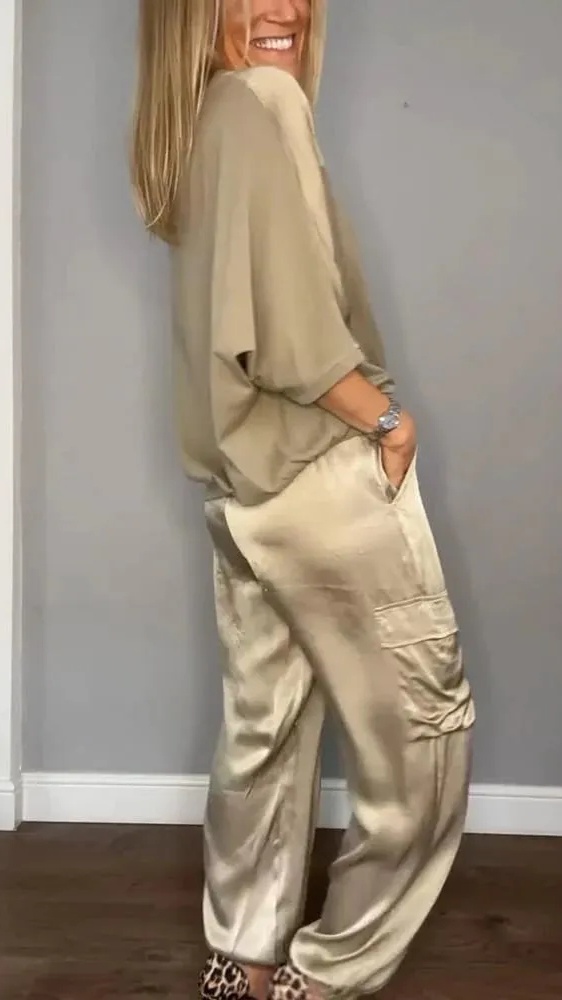 Women's Silky Loose-Fit Top and Pants Two-Piece Set - Nordfashionstorm - Women's Clothing, Fashion for You - Nordfashionstorm.com