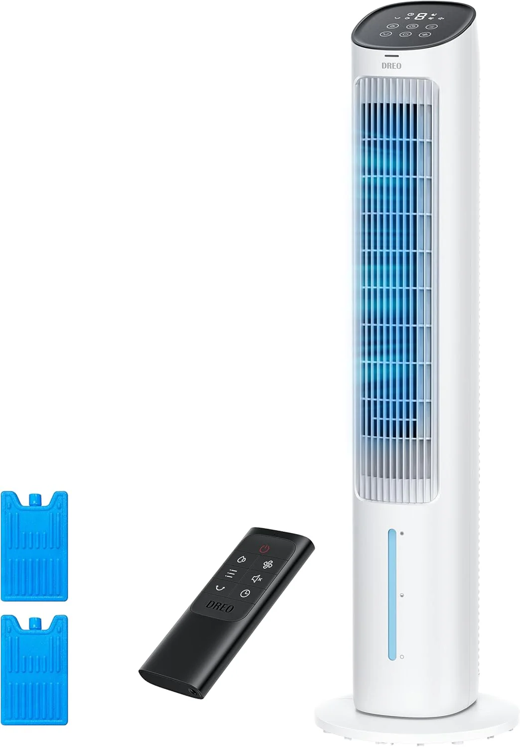 DREO Portable Air Conditioners Fan, 40�?Standing Fans that Blow Cold Air, Portable AC�?0° Oscillating Evaporative Air Cooler，Removable Water Tank, Ice Packs, Remote Control, 4 Speeds, 7H Timer, White