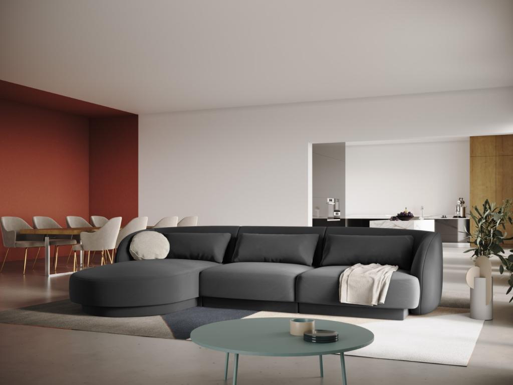 Tucasago - Sofá esquinero izquierdo "Tulum" 4 plazas de terciopelo gris - 255x156x70cm
