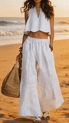 A two-piece linen suit for women, a vacation-style sleeveless top and wide-leg pants - Nordfashionstorm - Women's Clothing, Fashion for You - Nordfashionstorm.com