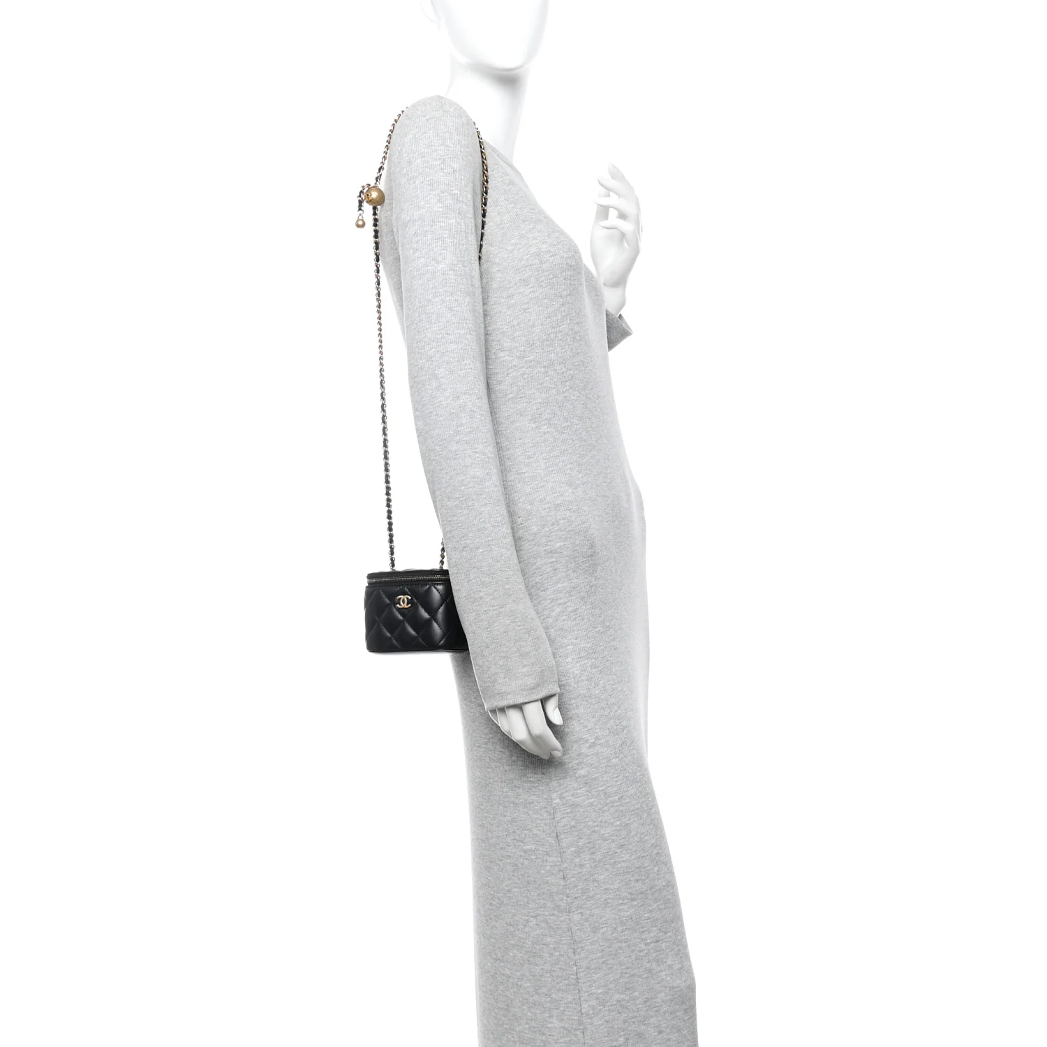 Lambskin Quilted Mini Pearl Crush Vanity Case With Chain Black