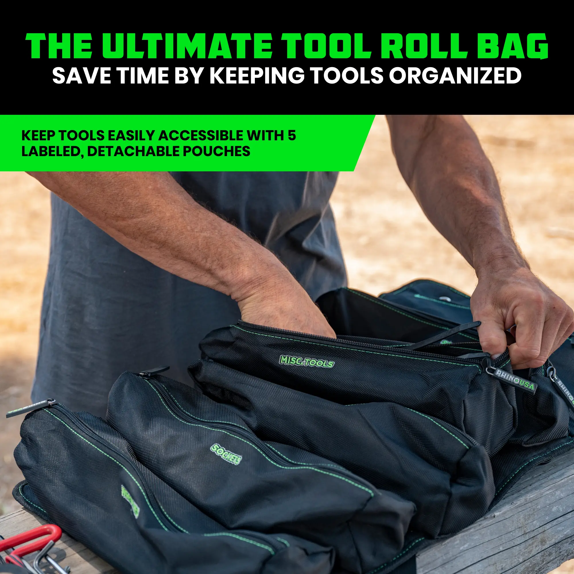 Rhino USA Tool Bag Roll - Heavy Duty Canvas Organizer Pouch for Tools - Ultimate Travel Tool Storage Kit for UTV, Car, Truck, 4x4 Offroad