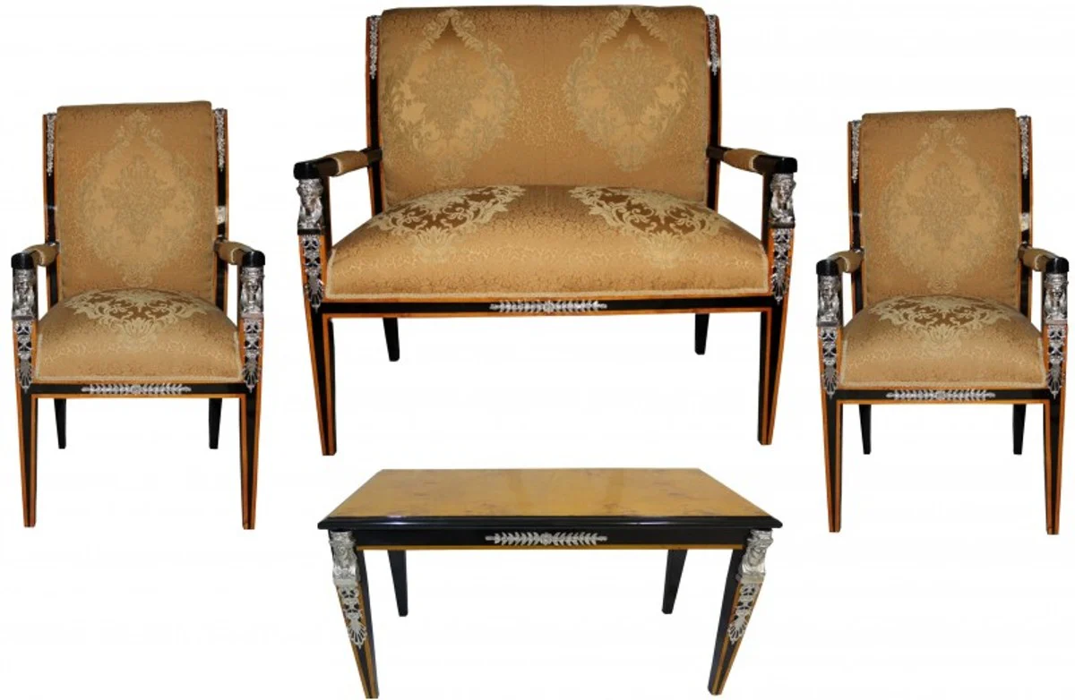 Baroque Empire Salon Set of 4 Gold Pattern / Black / Mahogany / Silver - Bench + 2 Armchairs + Coffee Table